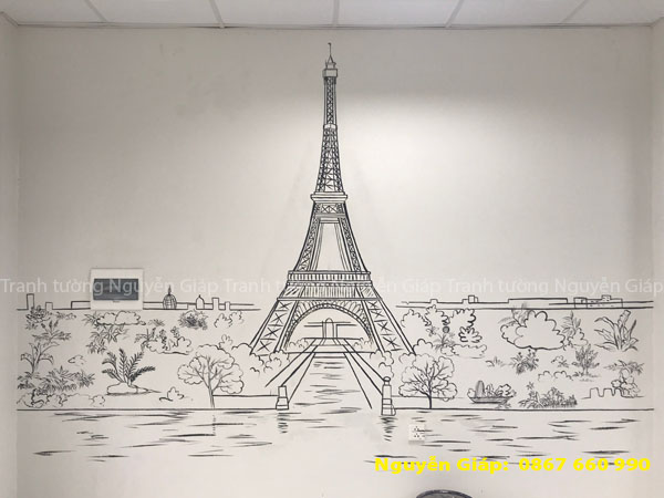 Vẽ tranh tường tháp Effel đen trắng